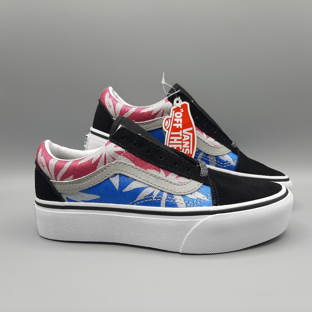 New Vans Old Skool Platform After Dark Summer Leaf Blue Pink Glitter Black Suede